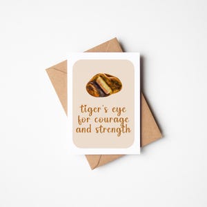 Tarjeta de felicitación con piedra preciosa de acuarela en blanco con ojo de tigre para el coraje y la fuerza, curación de cristales, verdad, confianza, equilibrio y fuerza