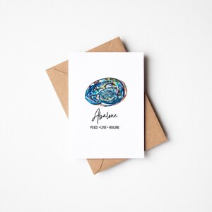 Tarjeta de felicitación con cristales curativos de abulón Tarjeta en blanco con piedras preciosas de acuarela para la curación del amor y la riqueza