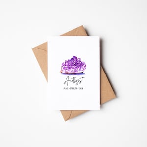 Tarjeta de felicitación con piedra preciosa de amatista curativa, paz, estabilidad, calma, acuarela, en blanco