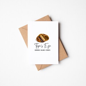 Tarjeta de felicitación con cristal curativo de ojo de tigre, verdad, confianza, equilibrio, fuerza, acuarela, piedra preciosa, tarjeta en blanco