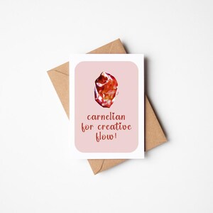 Tarjeta de felicitación con piedra preciosa de acuarela en blanco con cornalina para el flujo creativo, curación, confianza, éxito y coraje