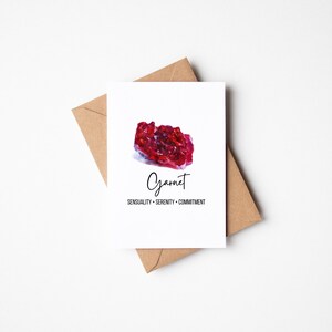 Cartão de felicitações com cristal de cura granada, sensualidade, serenidade, compromisso, aquarela, pedra preciosa, cartão em branco