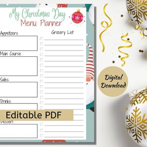 Christmas Menu Planner, Christmas Meal Planner, Editable Grocery List And Shopping List, Family Meal Planner, Christmas Checklist Printable