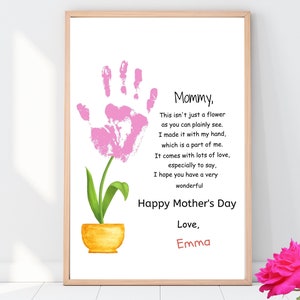 Manualidad imprimible con huella de mano para el Día de la Madre, poema para el Día de la Madre, arte con huella de mano de flores, tarjeta del Día de la Madre para niños, regalo de recuerdo para mamá