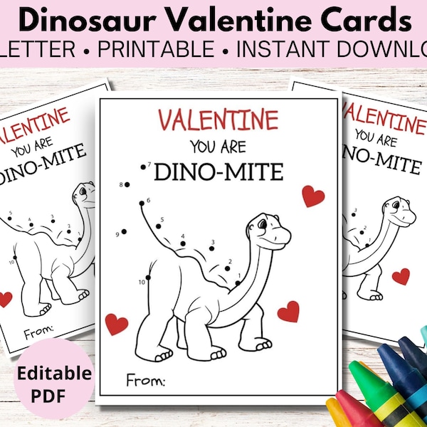 Dinosaur Valentine Cards, Dot To Dot Valentine Printable, Valentine Coloring Cards, Connect The Dots Activity For Kids, Editable Class Tags