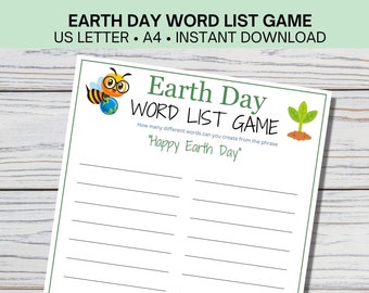 Earth Day Word List Game, Earth Day Printable Games, Earth Day Party Idea, Educational Worksheet Kids, Mother Earth Environmental Classroom
