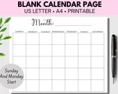 Blank Calendar Page Printable Monthly Calendar For Monthly Planner Template Minimalistic Design US Letter and A4 Sunday and Monday Start PDF