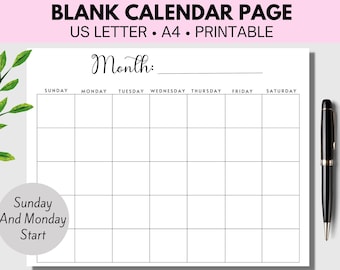 May include: A blank calendar page with the text "Month:" at the top. The calendar is set up with Sunday and Monday starting the week. The calendar is in US Letter size and A4 size.