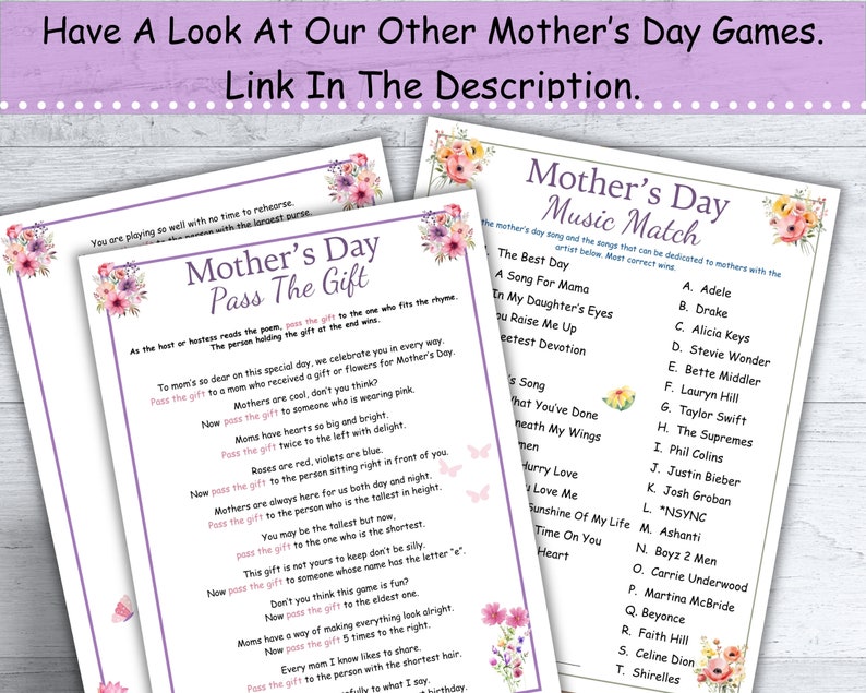 May include: Two printable Mother's Day game cards with pink floral borders. The first card is a "Pass the Gift" game with instructions to pass the gift to someone who fits the rhyme. The second card is a "Music Match" game with a list of songs and artists to match.
