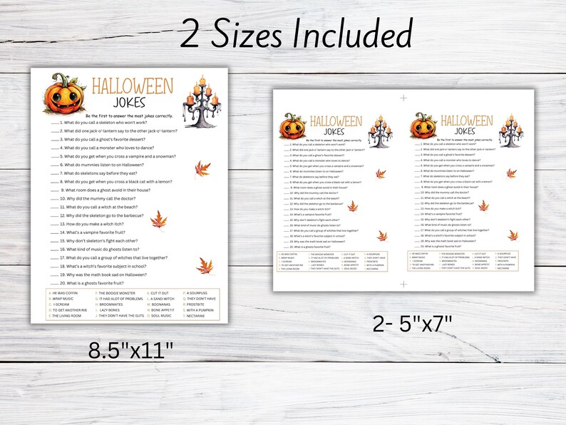 May include: Two printable Halloween joke game cards featuring a pumpkin, a candelabra, and fall leaves. The larger card is 8.5 inches by 11 inches and the smaller card is 5 inches by 7 inches.