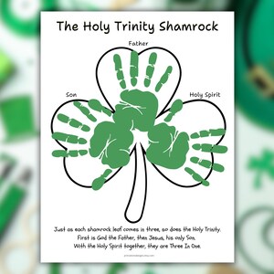 St. Patrick's Day Handprint Art, Christian St Patricks Day Craft, Holy Trinity Shamrock, Sunday School Activity, Printable Bible Lesson Kids