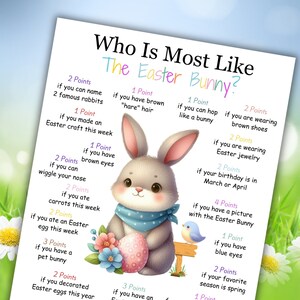 May include: A printable game card with a cartoon Easter bunny and a list of questions to determine who is most like the Easter bunny. The questions are worth points and include things like if you have brown hair, if you can hop like a bunny, if you ate carrots this week, and if you have a pet bunny.