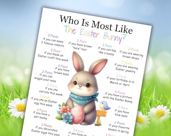 Easter Game, Who Is Most Like The Easter Bunny, Easter Party Games Printable, Easter Classroom Activity, Easter Game For Kids Teens Adults