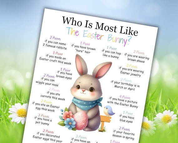 Easter Game, Who Is Most Like The Easter Bunny, Easter Party Games Printable, Easter Classroom Activity, Easter Game For Kids Teens Adults