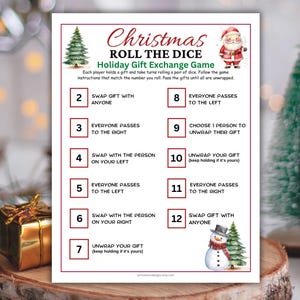 Christmas Gift Exchange Game, Roll The Dice Game Christmas Gift Swap, Printable Christmas Party Group Game, Fun Holiday Activity Kids Adults