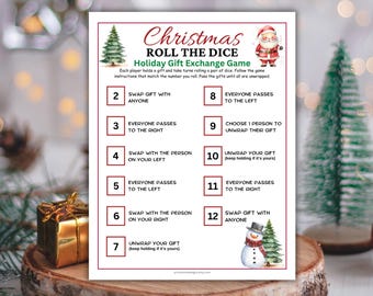 Christmas Gift Exchange Game, Roll The Dice Game Christmas Gift Swap, Printable Christmas Party Group Game, Fun Holiday Activity Kids Adults
