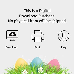 Pode incluir: Um gr&aacute;fico de compra de download digital com &iacute;cones de tela de computador, impressora e rosto sorridente. O texto diz "Esta &eacute; uma compra de download digital. Nenhum item f&iacute;sico ser&aacute; enviado." Abaixo dos &iacute;cones, tr&ecirc;s ovos de P&aacute;scoa em uma cama de grama verde com flores brancas.
