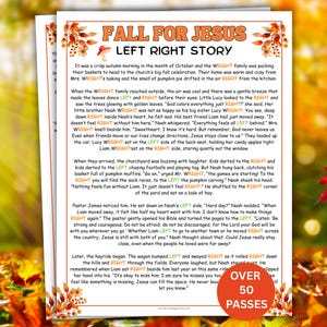 May include: A printed game sheet titled Fall For Jesus Left Right Story, featuring autumn leaf illustrations at the top and bottom. The text tells a story about the Wright family with the words left and right highlighted in orange.