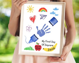 First Day Of Daycare Handprint Craft, Daycare Printable Sign, Personalized Back To School Photo Prop Template, Preschool Handprint Keepsake