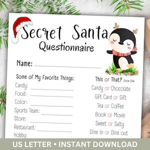 Secret Santa Fragebogen zum Ausdrucken, Secret Santa Form, Weihnachtswunschliste, Secret Santa Arbeitskollegen, Bürogeschenkbörse