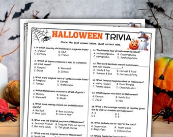 Halloween Trivia, Printable Halloween Game, Halloween Party Game, Halloween Classroom Activity, Fun Halloween Theme Game, Family Game Night