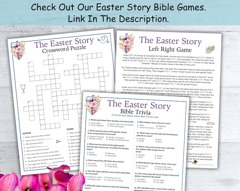 May include: A set of three printable Easter story Bible games for children. The games include a crossword puzzle, a left-right game, and a Bible trivia game. The games feature a floral design with a cross.