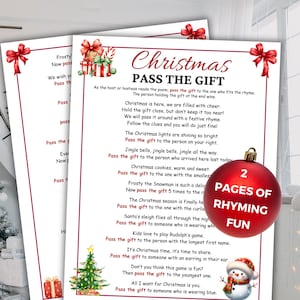 Christmas Pass The Gift Game, druckbare Weihnachtsspiel, Bürofeiertags-Partyspiele, Pass The Present, lustige Weihnachtsgruppenspiel-Tätigkeitsgedicht