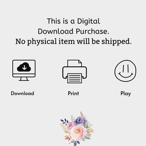 Pu&ograve; includere: Una grafica di acquisto di download digitale con uno schermo di computer, una stampante e un'emoticon sorridente. Il testo recita "Questo &egrave; un acquisto di download digitale. Nessun articolo fisico verr&agrave; spedito. Scarica, Stampa, Gioca."