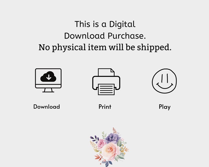 Pu&ograve; includere: Una grafica di acquisto di download digitale con uno schermo di computer, una stampante e un'emoticon sorridente. Il testo recita "Questo &egrave; un acquisto di download digitale. Nessun articolo fisico verr&agrave; spedito. Scarica, Stampa, Gioca."