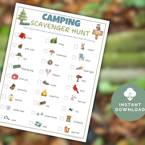 May include: A printable camping scavenger hunt checklist with illustrations of items to find in nature, such as a tent, trees, a rabbit, a pine cone, a mushroom, a chair, a hat, a nest, a flashlight, a sleeping bag, flowers, a sign, first aid, rocks, a bird, a butterfly, a campfire, berries, a lantern, a log, a fly, a spider web, animal tracks, a backpack, ants, a map, and a squirrel.