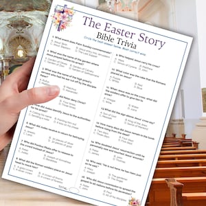 Peut inclure: Un jeu de questions-r&eacute;ponses sur la Bible de P&acirc;ques imprimable avec 16 questions &agrave; choix multiples. Les questions portent sur les &eacute;v&eacute;nements qui ont pr&eacute;c&eacute;d&eacute; et suivi la crucifixion de J&eacute;sus. Le papier est blanc avec du texte noir et une bordure florale.