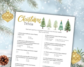 May include: A Christmas trivia game with 12 questions. The questions are about Santa Claus, Christmas traditions, and Christmas songs. The game is designed to be played by circling the best answer to each question. The game is illustrated with Christmas trees and ornaments.