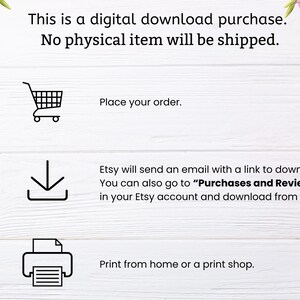 May include: A three-step guide for digital downloads. Step 1: Place your order. Step 2: Download from Etsy. Step 3: Print from home or a print shop.