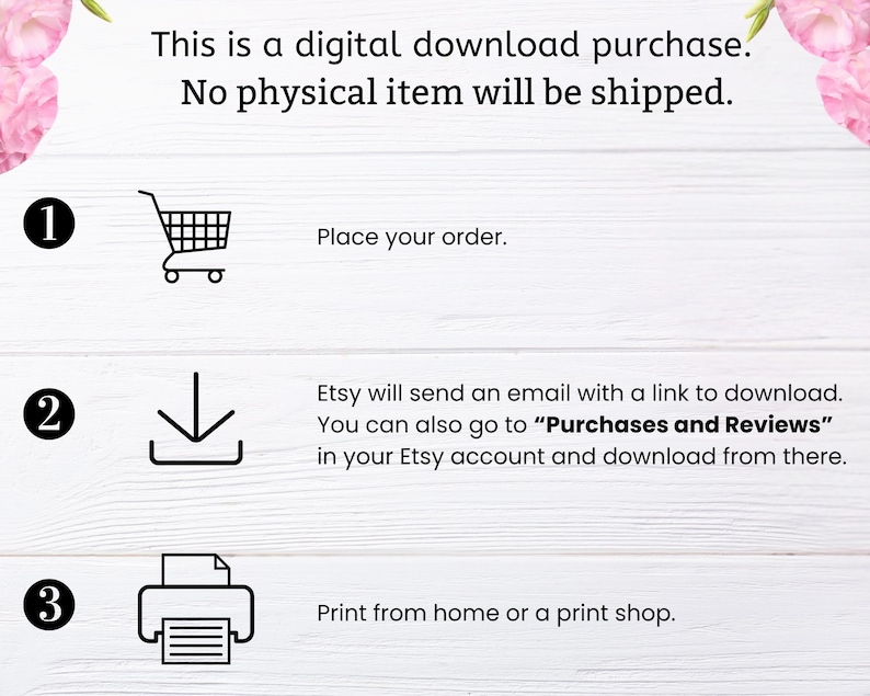 May include: A three-step guide for digital downloads. Step 1: Place your order. Step 2: Download from Etsy. Step 3: Print from home or a print shop.