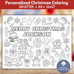 Personalized Christmas Coloring Placemat, Printable Christmas Coloring Sheet, Christmas Eve Box, Kids Christmas Party Coloring Page Activity