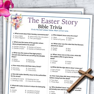 Quiz de Pâques, jeux bibliques de Pâques, jeu-questionnaire biblique sur l'histoire de Pâques, activité à l'église la semaine sainte, jeu de fête familial de Pâques à l'école à imprimer