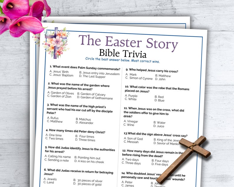 Peut inclure: Un jeu de questions-r&eacute;ponses sur la Bible de P&acirc;ques imprimable avec 14 questions &agrave; choix multiples. Les questions portent sur les &eacute;v&eacute;nements qui ont pr&eacute;c&eacute;d&eacute; et qui ont inclus la r&eacute;surrection de J&eacute;sus. Une croix en bois se trouve dans le coin inf&eacute;rieur droit de la page.