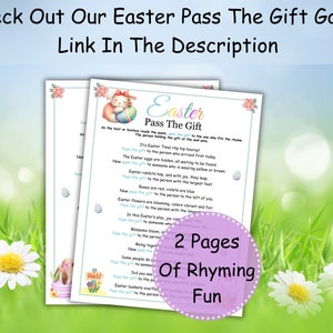 Pode incluir: Duas p&aacute;ginas de instru&ccedil;&otilde;es de jogo imprim&iacute;veis com tema de P&aacute;scoa com um coelho segurando um ovo e o texto "Easter Pass The Gift". As instru&ccedil;&otilde;es incluem versos que rimam para um jogo de passar presentes.