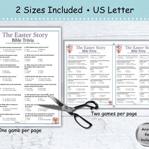 Peut inclure: Deux feuilles de jeu imprimables sur le th&egrave;me du quiz biblique de l'histoire de P&acirc;ques avec un motif floral aquarelle. Chaque feuille comporte 15 questions avec des r&eacute;ponses &agrave; choix multiples. Le texte sur la feuille indique "The Easter Story Bible Trivia".