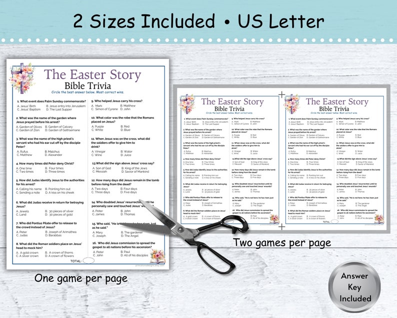 Peut inclure: Deux feuilles de jeu imprimables sur le th&egrave;me du quiz biblique de l'histoire de P&acirc;ques avec un motif floral aquarelle. Chaque feuille comporte 15 questions avec des r&eacute;ponses &agrave; choix multiples. Le texte sur la feuille indique "The Easter Story Bible Trivia".