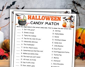 Halloween Candy Match, Printable Halloween Game, Halloween Party Game, Halloween Trivia Quiz, Fun Halloween Activity For Kids Teens Adults