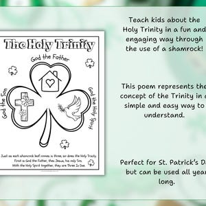 May include: A black and white coloring page featuring a shamrock with three leaves. Each leaf has a symbol representing the Holy Trinity: a house with a heart for God the Father, a cross for God the Son, and a dove for the Holy Spirit. The text "The Holy Trinity" is at the top of the page.