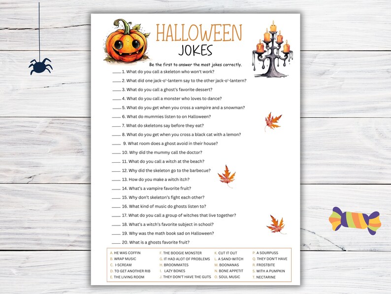 May include: A printable Halloween-themed game with 20 questions and answers. The questions are written in black text on a white background. The answers are listed below the questions in alphabetical order. The game features a pumpkin, a candelabra, and fall leaves.