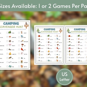 May include: Two printable camping scavenger hunt checklists with a list of items to find in the woods. The checklists are in a white box with a green border and have a cartoon owl and a sign that says "Camping" on them. The text "2 Sizes Available: 1 or 2 Games Per Page" is at the top of the image. The text "US Letter" is at the bottom of the image.
