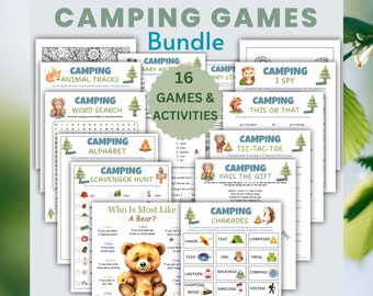 Campingspel, utskrivbara campingaktiviteter, campingtemafest, skicka presenten, campingskattjakt för barn, lägereldsspelpaket för familjen
