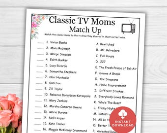 Mors dag-trivia TV Mammaspel, popkulturspel, matchningsspel för kända mammor, utskrivbart partyspel för mors dag Roligt frågesport för barn och vuxna på kontoret