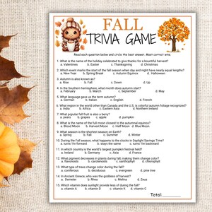 May include: Fall trivia game with a colourful illustration of a hedgehog holding a cup of coffee and a tree with autumn leaves. The game includes 15 multiple-choice questions about autumn.
