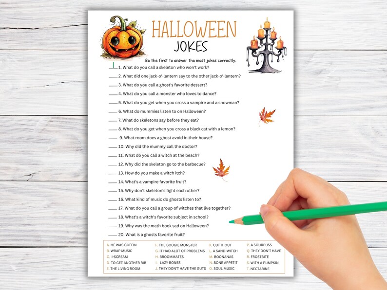 May include: A printable Halloween-themed game with 20 questions and answers. The game features a jack-o'-lantern, a spooky candlestick, and a fall leaf. The questions are written in black text on a white background.