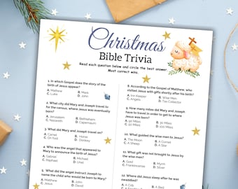 May include: A printable Christmas Bible trivia game with a blue background and a cute cartoon lamb. The game features 12 questions about the birth of Jesus.