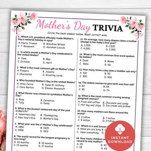 Mother&#39;s Day Trivia, Mothers Day Game, Printable Mother&#39;s Day Party Game, Mothers Day Activity Brunch Idea, Mothering Sunday Kids Teen Adult